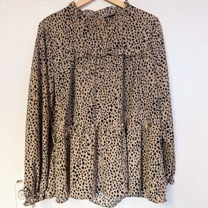 PrettyGarden Leopard Print Tiered Blouse XL | Flowy Relaxed Fit Long Sleeve Top